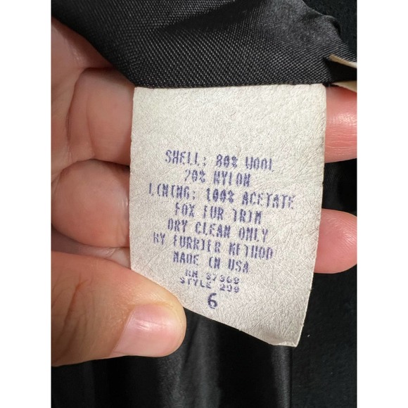 Vintage Andrea Collection Black Wool Blend Fox Fur Trim Hooded Coat Size 6 - Picture 7 of 7